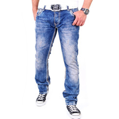 Reslad Herren Jeans Dicke Kontrast Doppel-Naht Used Look Jeanshose RS-2007 Blau-Camel W29 / L32