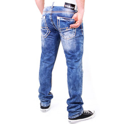 Reslad Herren Jeans Dicke Kontrast Doppel-Naht Used Look Jeanshose RS-2007 Blau-Camel W29 / L32