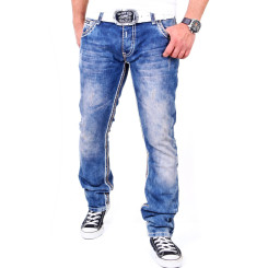 Reslad Herren Jeans Dicke Kontrast Doppel-Naht Used Look Jeanshose RS-2007 Blau-Camel W30 / L32