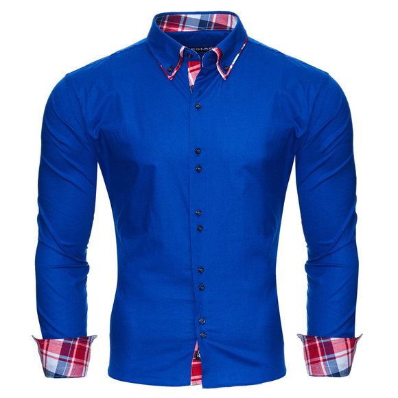 Reslad Herren Hemd Button-Down Slim Fit Kontrast Langarmhemd RS-7015 Blau S