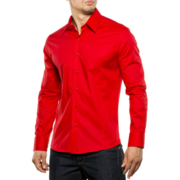 Reslad Herren Hemd Kentkragen Unicolor Langarmhemd RS-7002 Rot 2XL