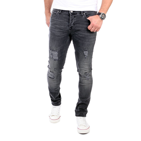 Reslad Jeans Herren Destroyed Look Slim Fit Denim Strech Jeans-Hose RS-2062 Schwarz W33 / L32