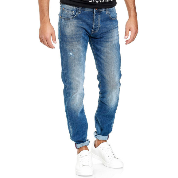 Red Bridge Herren Jeans Hose Slim-Fit Distressed Faded Wave Blau W31 L32