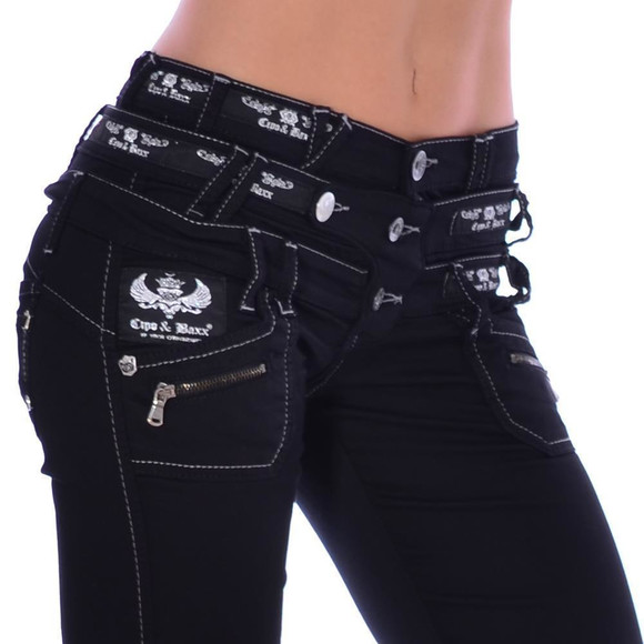 Cipo &amp; Baxx CBW 313 Damen Frauen Jeans Hose Stretch schwarz black dreifach Bund W27 L34