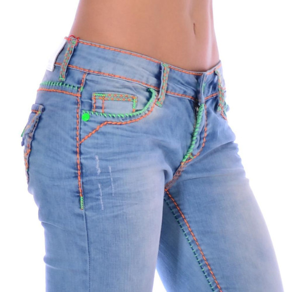 Cipo &amp; Baxx CBW 445 Damen Frauen Jeans Hose Jeanshose blau Neon Kontrast N&auml;hte