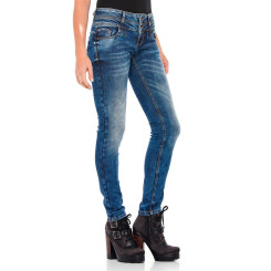 Cipo & Baxx Damen Jeans WD 379 Doppel-Bund-Jeans in Skinny Fit Look