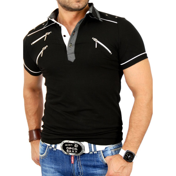 Reslad Herren Zipper Style T-Shirt Poloshirt RS-5028 Schwarz XL