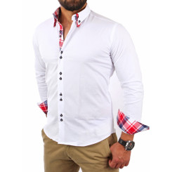 Reslad Herren Hemd Button-Down Slim Fit Kontrast Langarmhemd RS-7015 Weiß S